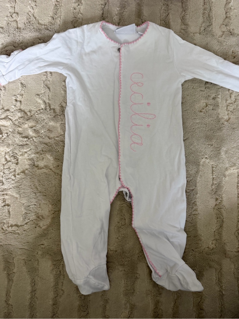 White Footed Baby One-Piece with Pink Trim and Name Embroidery